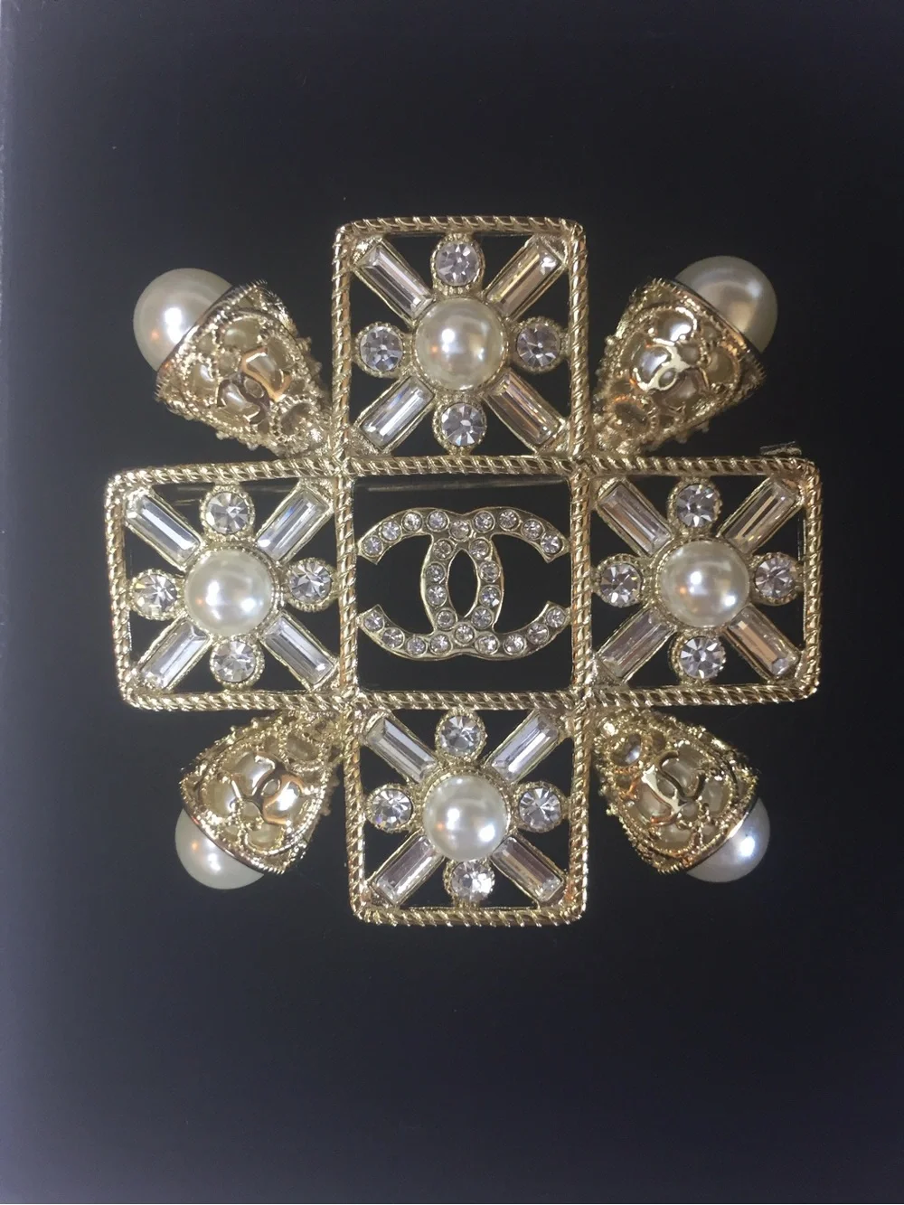 CHANEL Gold and Pearl Crystal CC Cross Brooch